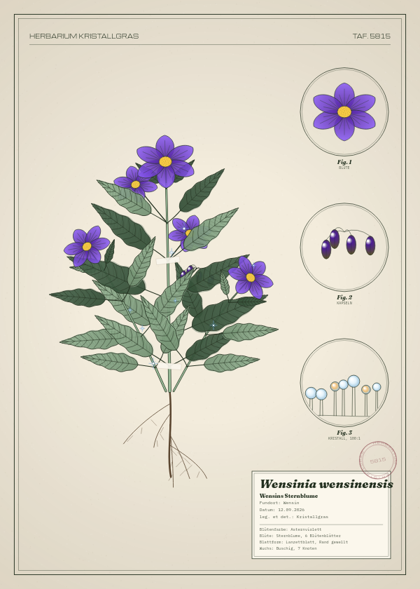 Botanische Tafel: Wensinia wensinensis, eine erfundene Pflanze aus Wensin, gezeichnet wie in einem alten Pflanzenatlas