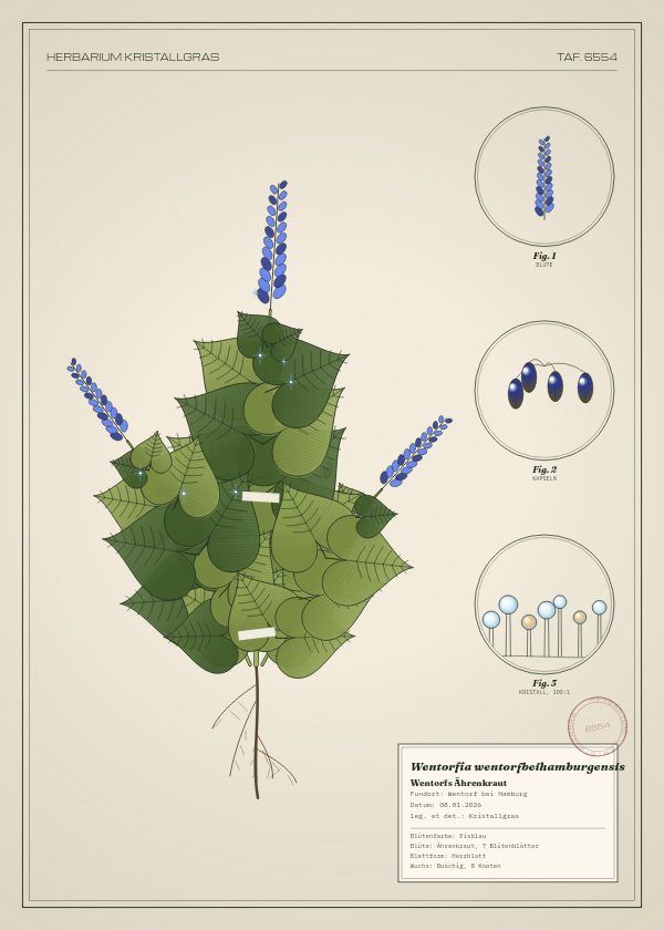 Botanische Tafel: Wentorfia wentorfbeihamburgensis, eine erfundene Pflanze aus Wentorf bei Hamburg, gezeichnet wie in einem alten Pflanzenatlas