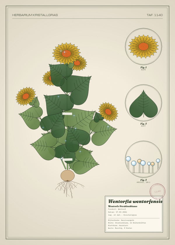 Botanische Tafel: Wentorfia wentorfensis, eine erfundene Pflanze aus Wentorf, gezeichnet wie in einem alten Pflanzenatlas