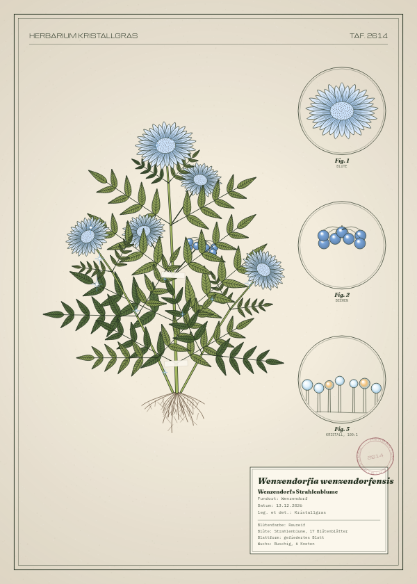Botanische Tafel: Wenzendorfia wenzendorfensis, eine erfundene Pflanze aus Wenzendorf, gezeichnet wie in einem alten Pflanzenatlas