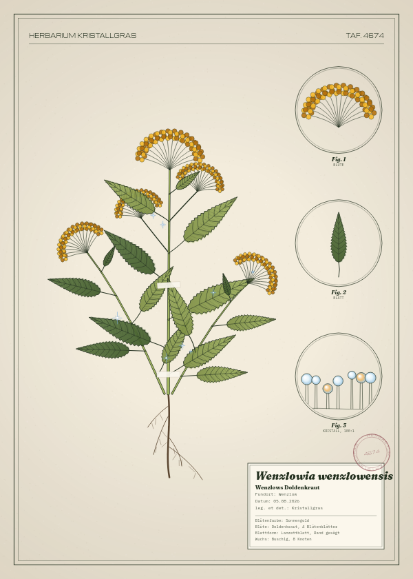 Botanische Tafel: Wenzlowia wenzlowensis, eine erfundene Pflanze aus Wenzlow, gezeichnet wie in einem alten Pflanzenatlas