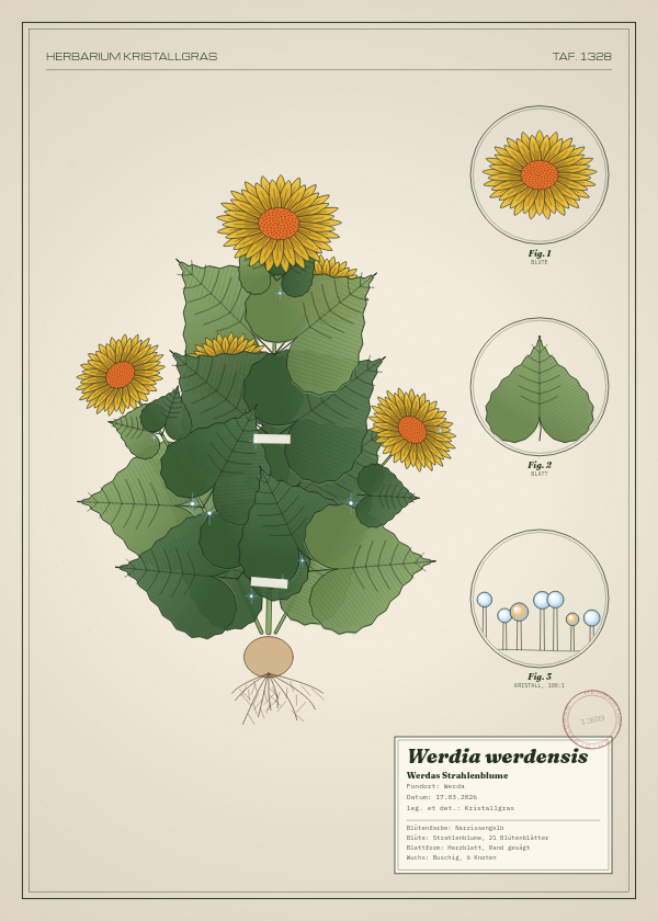 Botanische Tafel: Werdia werdensis, eine erfundene Pflanze aus Werda, gezeichnet wie in einem alten Pflanzenatlas