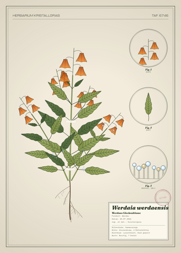 Botanische Tafel: Werdaia werdaensis, eine erfundene Pflanze aus Werdau, gezeichnet wie in einem alten Pflanzenatlas