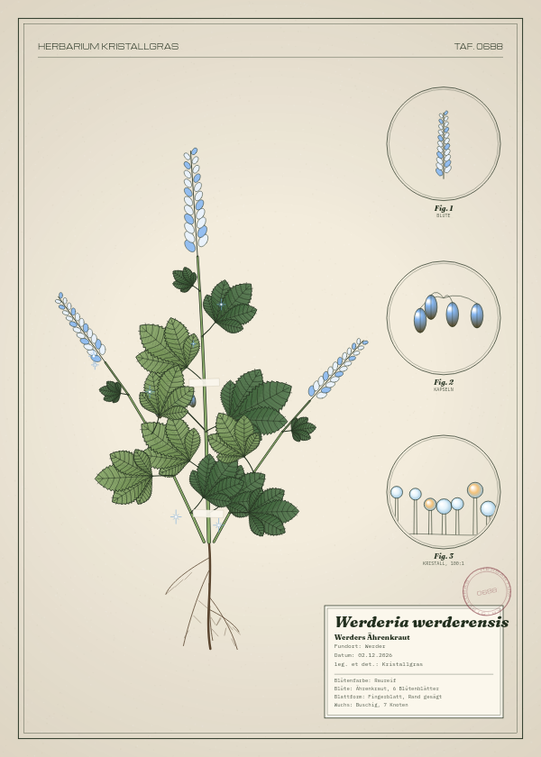 Botanische Tafel: Werderia werderensis, eine erfundene Pflanze aus Werder, gezeichnet wie in einem alten Pflanzenatlas
