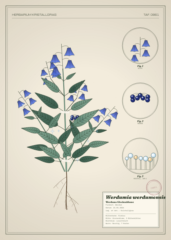 Botanische Tafel: Werdumia werdumensis, eine erfundene Pflanze aus Werdum, gezeichnet wie in einem alten Pflanzenatlas