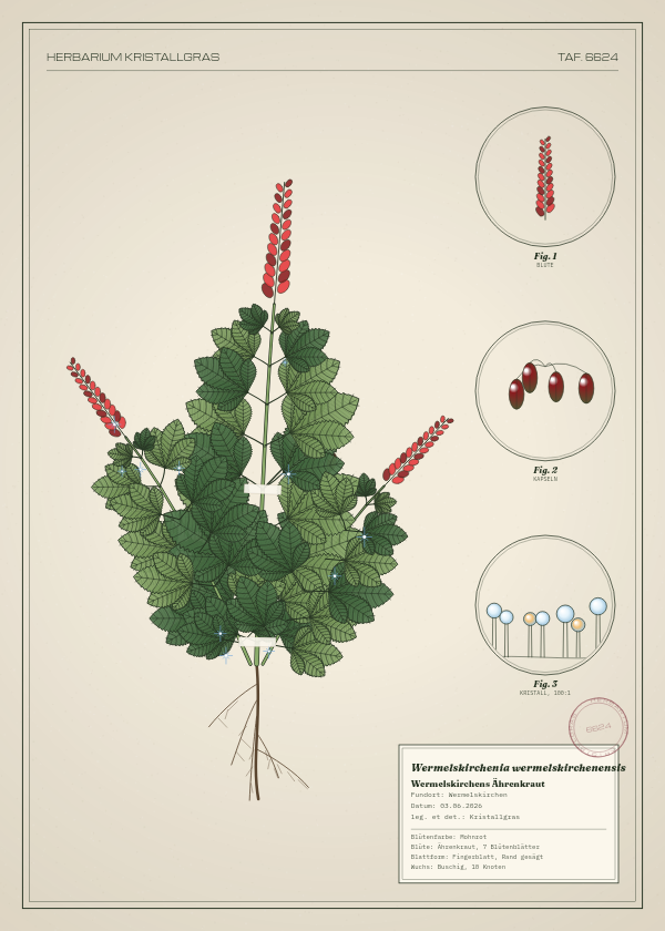 Botanische Tafel: Wermelskirchenia wermelskirchenensis, eine erfundene Pflanze aus Wermelskirchen, gezeichnet wie in einem alten Pflanzenatlas