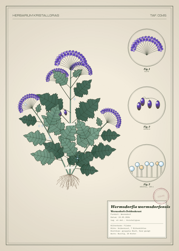 Botanische Tafel: Wermsdorfia wermsdorfensis, eine erfundene Pflanze aus Wermsdorf, gezeichnet wie in einem alten Pflanzenatlas