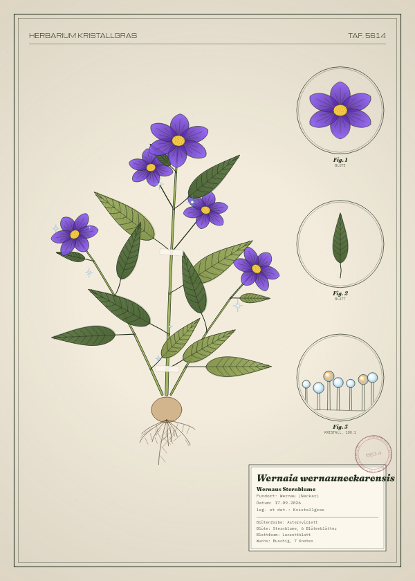 Botanische Tafel: Wernaia wernauneckarensis, eine erfundene Pflanze aus Wernau (Neckar), gezeichnet wie in einem alten Pflanzenatlas