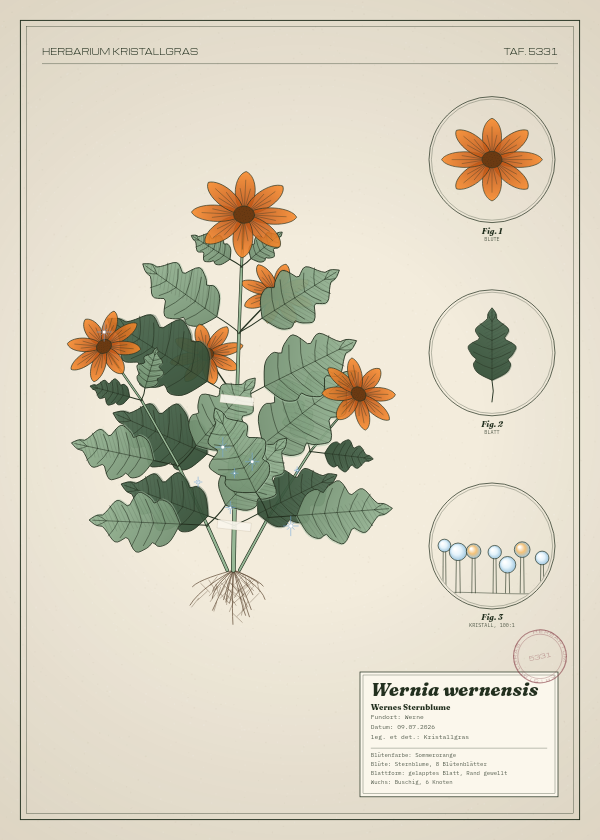 Botanische Tafel: Wernia wernensis, eine erfundene Pflanze aus Werne, gezeichnet wie in einem alten Pflanzenatlas