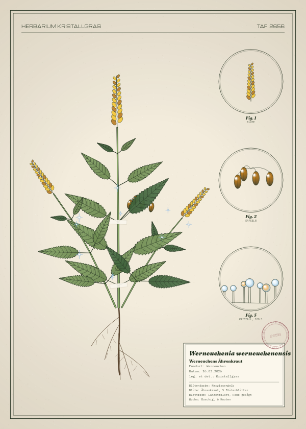 Botanische Tafel: Werneuchenia werneuchenensis, eine erfundene Pflanze aus Werneuchen, gezeichnet wie in einem alten Pflanzenatlas