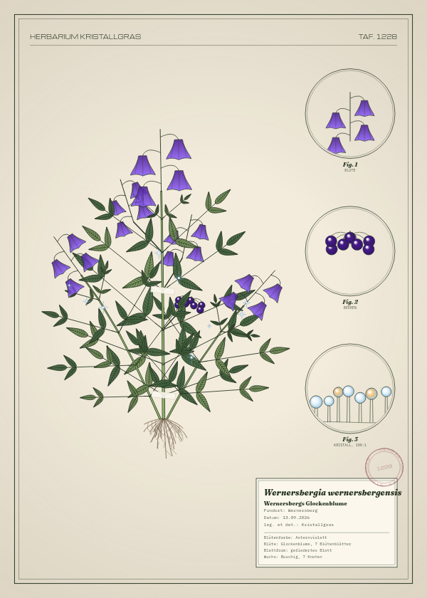 Botanische Tafel: Wernersbergia wernersbergensis, eine erfundene Pflanze aus Wernersberg, gezeichnet wie in einem alten Pflanzenatlas