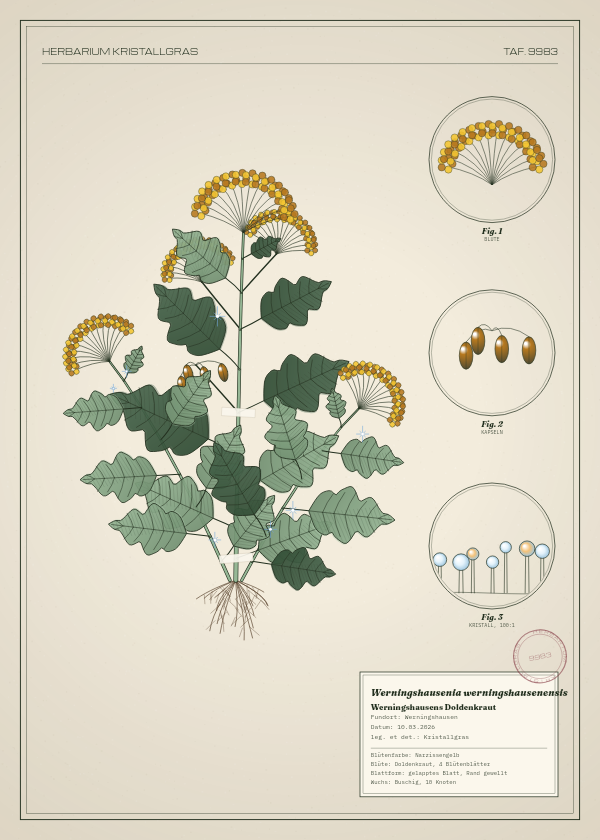Botanische Tafel: Werningshausenia werningshausenensis, eine erfundene Pflanze aus Werningshausen, gezeichnet wie in einem alten Pflanzenatlas