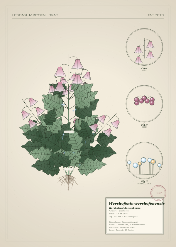 Botanische Tafel: Wershofenia wershofenensis, eine erfundene Pflanze aus Wershofen, gezeichnet wie in einem alten Pflanzenatlas