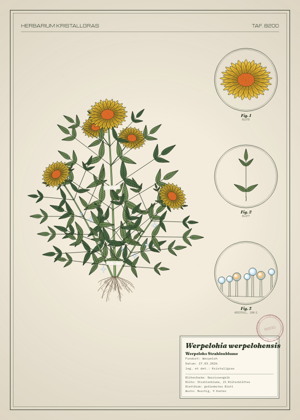 Botanische Tafel: Werpelohia werpelohensis, eine erfundene Pflanze aus Werpeloh, gezeichnet wie in einem alten Pflanzenatlas