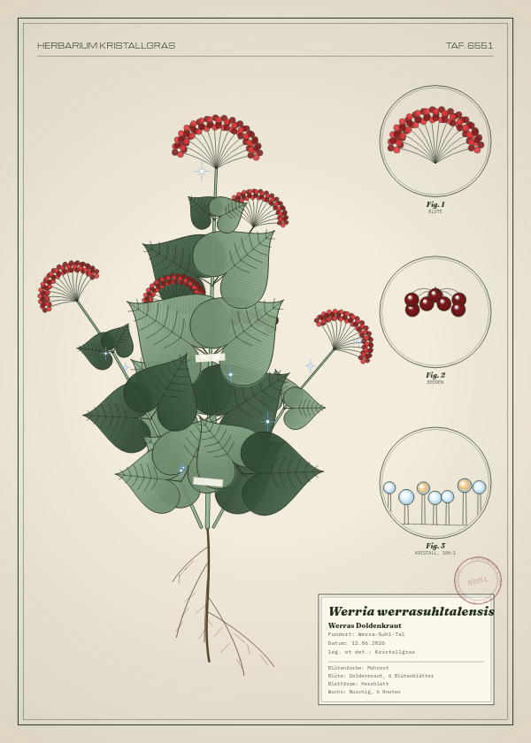 Botanische Tafel: Werria werrasuhltalensis, eine erfundene Pflanze aus Werra-Suhl-Tal, gezeichnet wie in einem alten Pflanzenatlas