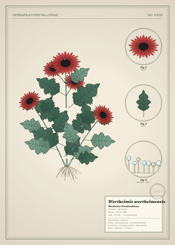 Botanische Tafel: Wertheimia wertheimensis, eine erfundene Pflanze aus Wertheim, gezeichnet wie in einem alten Pflanzenatlas