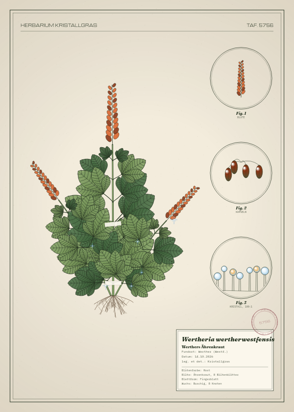 Botanische Tafel: Wertheria wertherwestfensis, eine erfundene Pflanze aus Werther (Westf.), gezeichnet wie in einem alten Pflanzenatlas