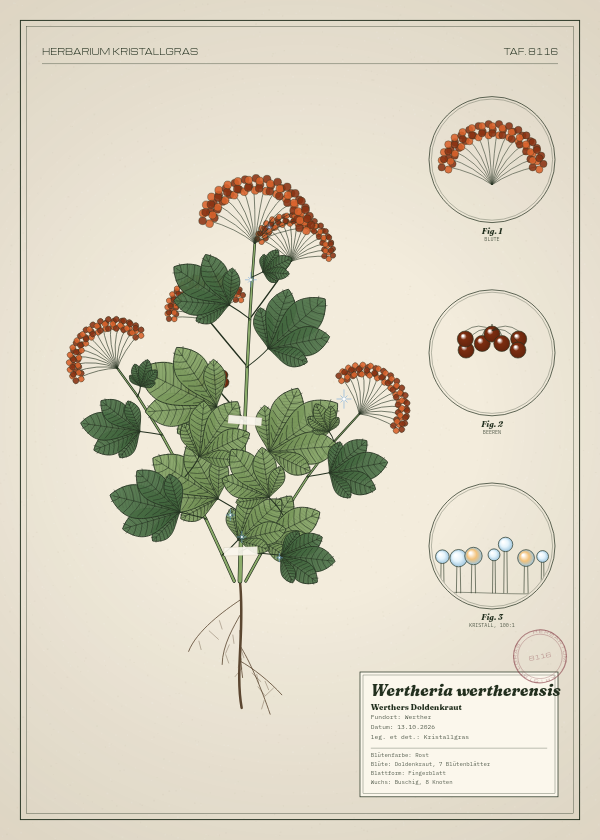 Botanische Tafel: Wertheria wertherensis, eine erfundene Pflanze aus Werther, gezeichnet wie in einem alten Pflanzenatlas