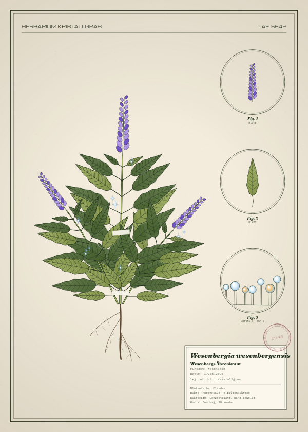 Botanische Tafel: Wesenbergia wesenbergensis, eine erfundene Pflanze aus Wesenberg, gezeichnet wie in einem alten Pflanzenatlas