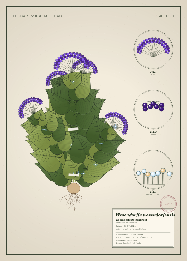 Botanische Tafel: Wesendorfia wesendorfensis, eine erfundene Pflanze aus Wesendorf, gezeichnet wie in einem alten Pflanzenatlas
