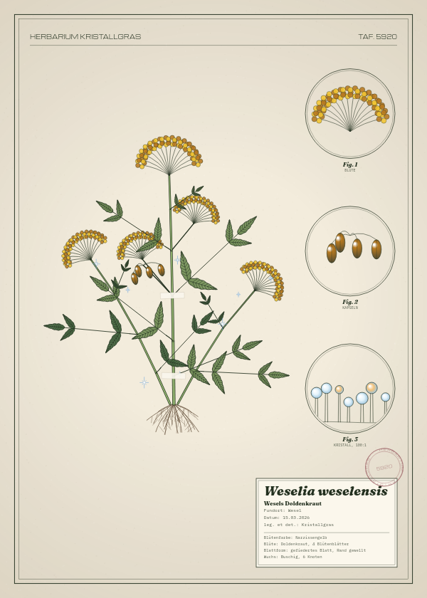 Botanische Tafel: Weselia weselensis, eine erfundene Pflanze aus Wesel, gezeichnet wie in einem alten Pflanzenatlas