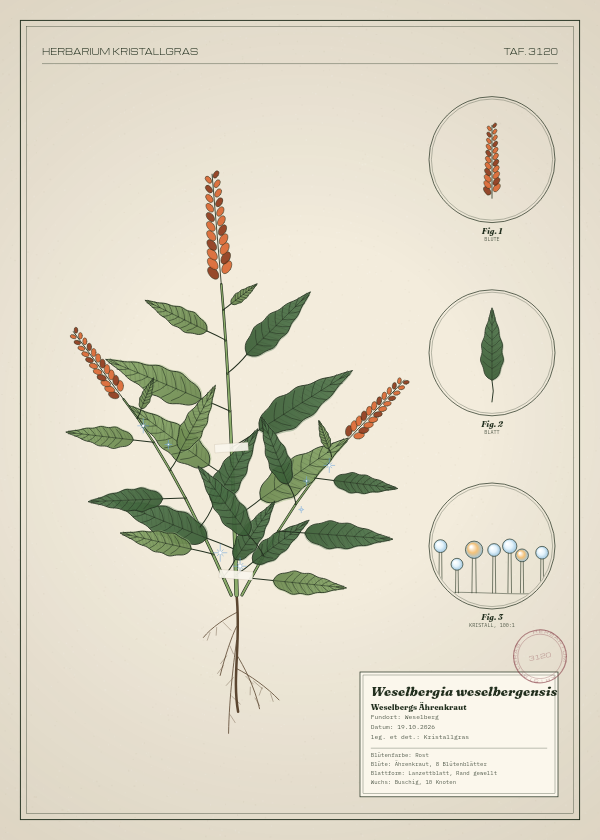 Botanische Tafel: Weselbergia weselbergensis, eine erfundene Pflanze aus Weselberg, gezeichnet wie in einem alten Pflanzenatlas
