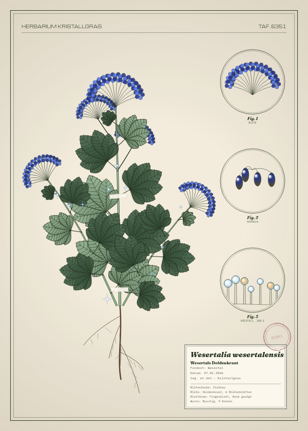 Botanische Tafel: Wesertalia wesertalensis, eine erfundene Pflanze aus Wesertal, gezeichnet wie in einem alten Pflanzenatlas