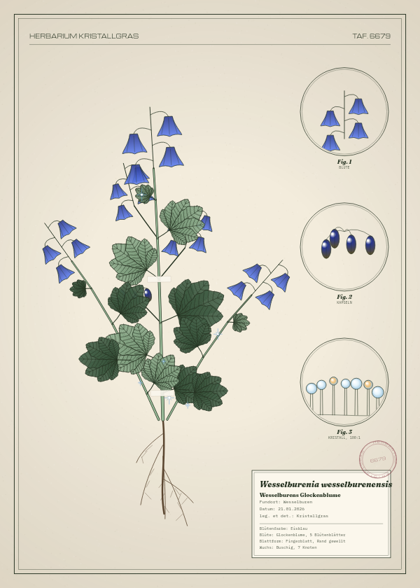 Botanische Tafel: Wesselburenia wesselburenensis, eine erfundene Pflanze aus Wesselburen, gezeichnet wie in einem alten Pflanzenatlas