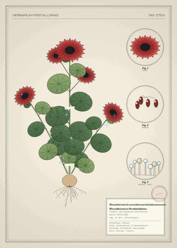 Botanische Tafel: Wesselbureneria wesselburenerdeichhausenensis, eine erfundene Pflanze aus Wesselburener Deichhausen, gezeichnet wie in einem alten Pflanzenatlas