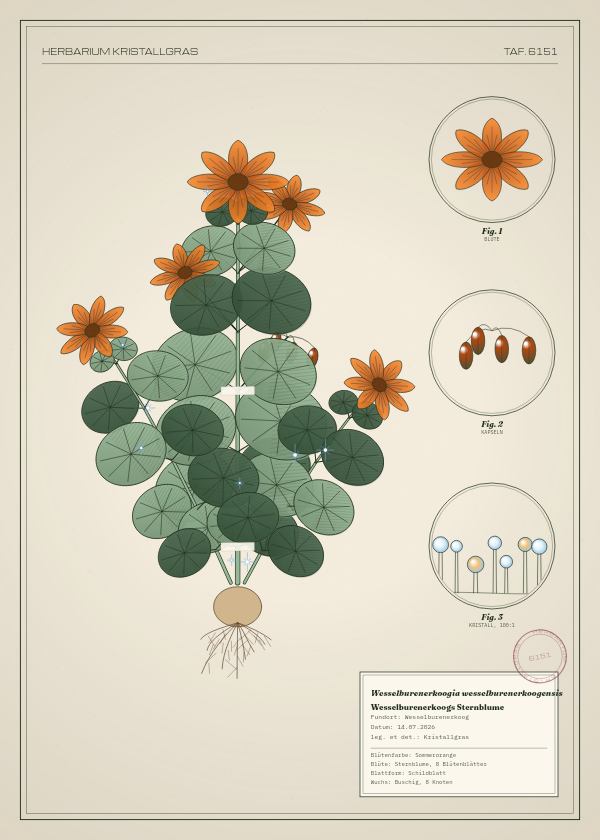Botanische Tafel: Wesselburenerkoogia wesselburenerkoogensis, eine erfundene Pflanze aus Wesselburenerkoog, gezeichnet wie in einem alten Pflanzenatlas