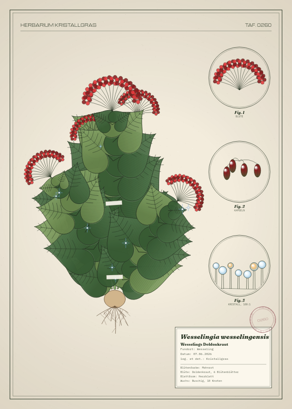 Botanische Tafel: Wesselingia wesselingensis, eine erfundene Pflanze aus Wesseling, gezeichnet wie in einem alten Pflanzenatlas
