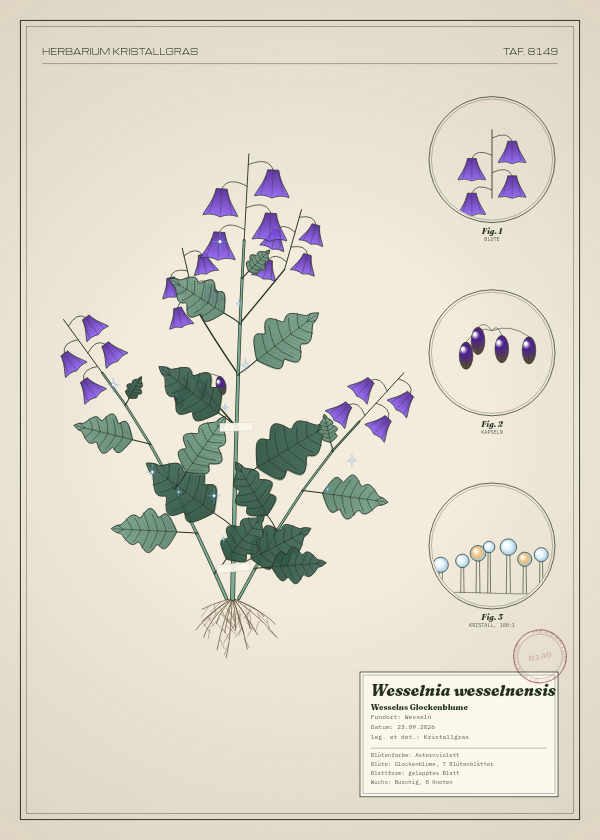 Botanische Tafel: Wesselnia wesselnensis, eine erfundene Pflanze aus Wesseln, gezeichnet wie in einem alten Pflanzenatlas