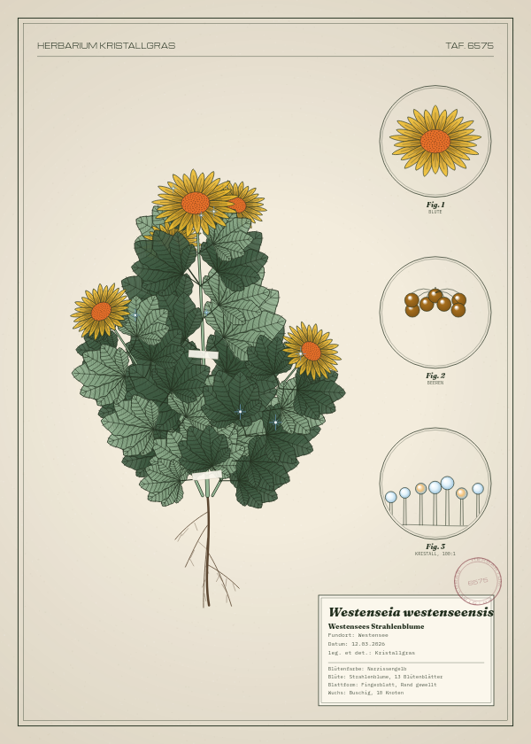Botanische Tafel: Westenseia westenseensis, eine erfundene Pflanze aus Westensee, gezeichnet wie in einem alten Pflanzenatlas