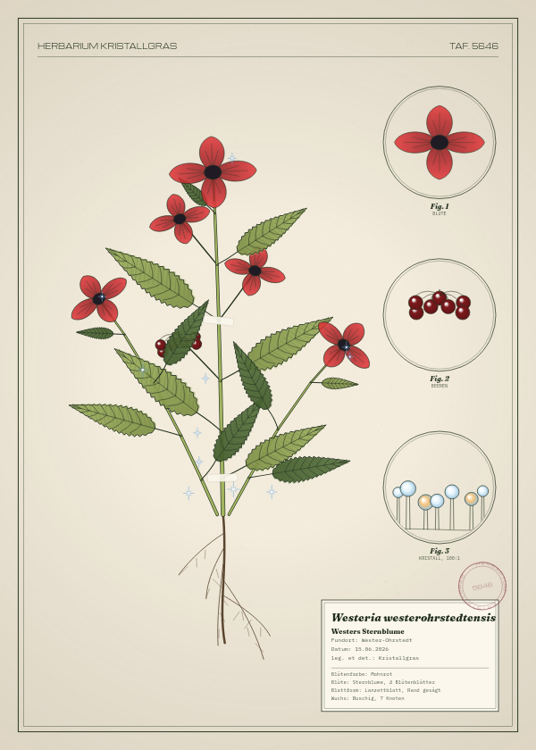 Botanische Tafel: Westeria westerohrstedtensis, eine erfundene Pflanze aus Wester-Ohrstedt, gezeichnet wie in einem alten Pflanzenatlas