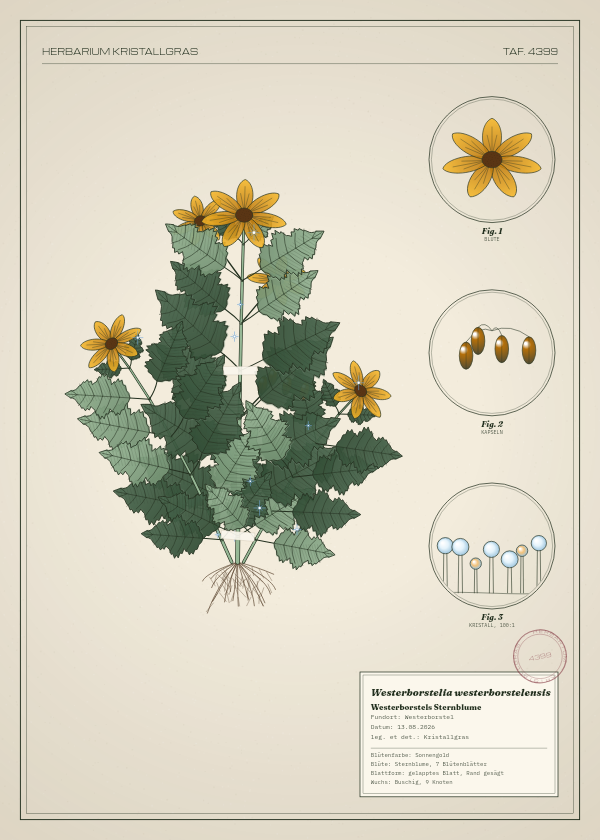 Botanische Tafel: Westerborstelia westerborstelensis, eine erfundene Pflanze aus Westerborstel, gezeichnet wie in einem alten Pflanzenatlas