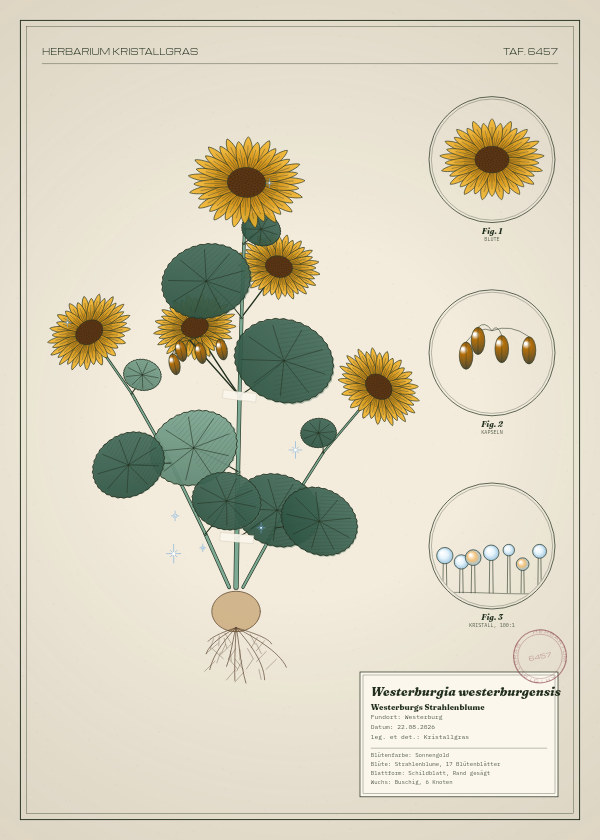 Botanische Tafel: Westerburgia westerburgensis, eine erfundene Pflanze aus Westerburg, gezeichnet wie in einem alten Pflanzenatlas