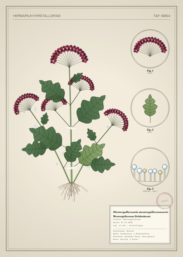 Botanische Tafel: Westergellersenia westergellersenensis, eine erfundene Pflanze aus Westergellersen, gezeichnet wie in einem alten Pflanzenatlas