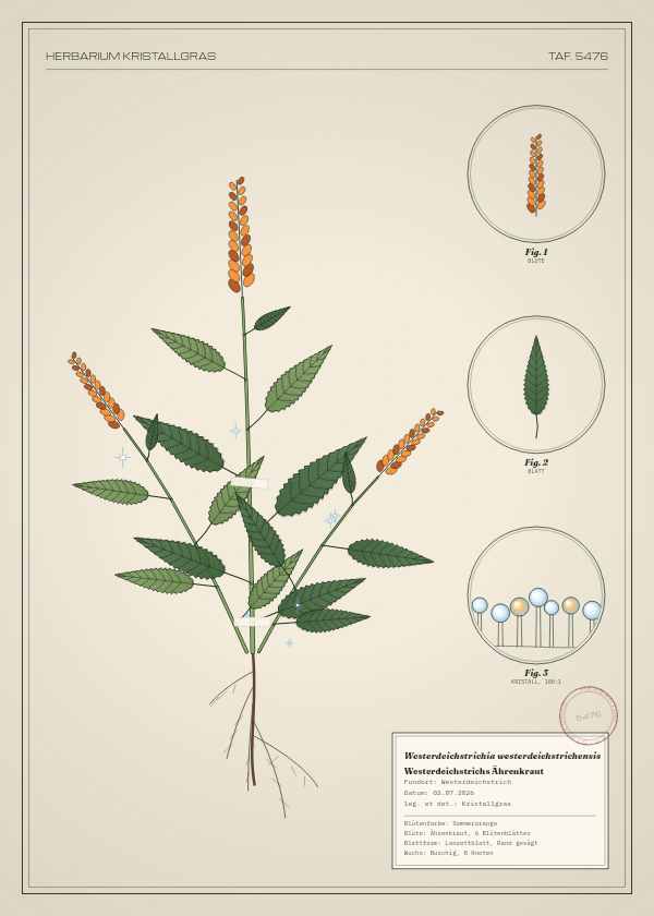 Botanische Tafel: Westerdeichstrichia westerdeichstrichensis, eine erfundene Pflanze aus Westerdeichstrich, gezeichnet wie in einem alten Pflanzenatlas