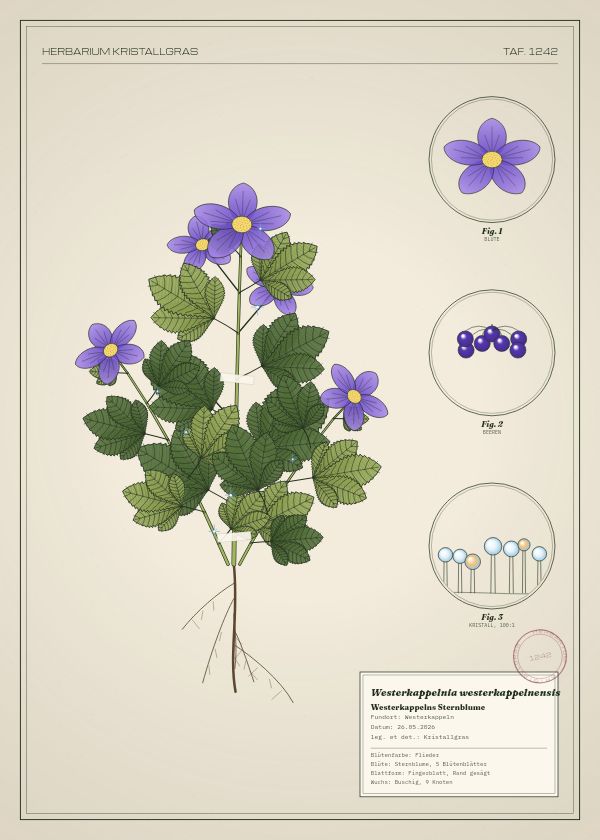 Botanische Tafel: Westerkappelnia westerkappelnensis, eine erfundene Pflanze aus Westerkappeln, gezeichnet wie in einem alten Pflanzenatlas
