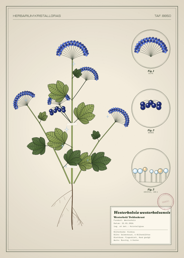 Botanische Tafel: Westerholzia westerholzensis, eine erfundene Pflanze aus Westerholz, gezeichnet wie in einem alten Pflanzenatlas