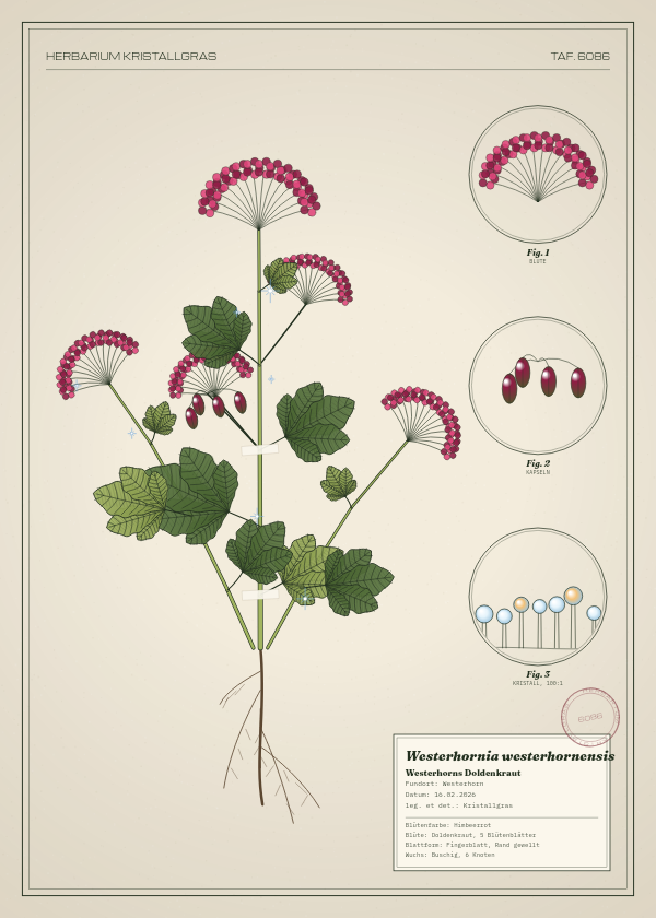 Botanische Tafel: Westerhornia westerhornensis, eine erfundene Pflanze aus Westerhorn, gezeichnet wie in einem alten Pflanzenatlas