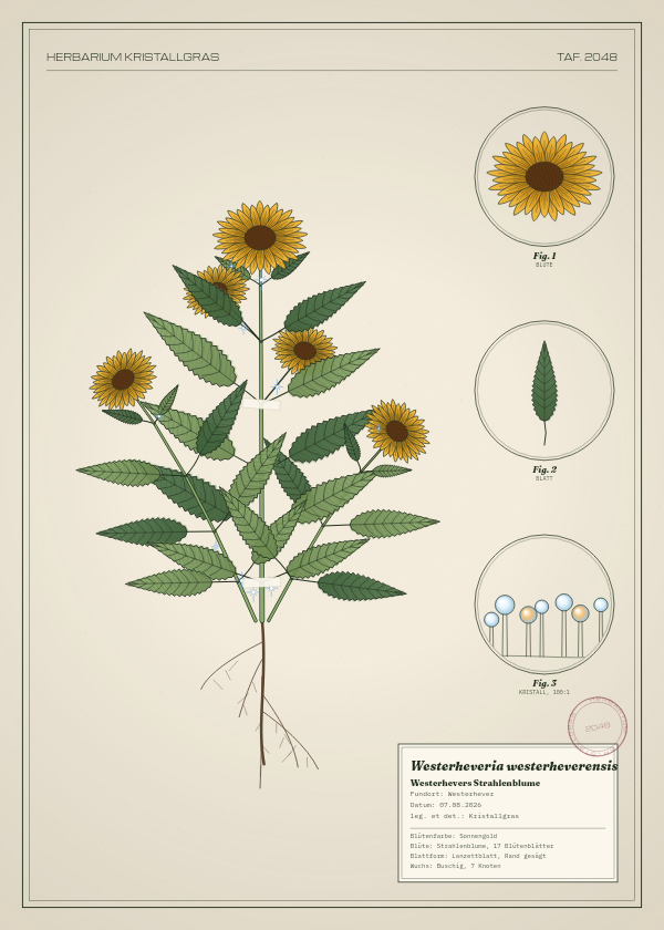 Botanische Tafel: Westerheveria westerheverensis, eine erfundene Pflanze aus Westerhever, gezeichnet wie in einem alten Pflanzenatlas