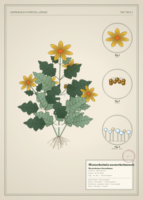 Botanische Tafel: Westerheimia westerheimensis, eine erfundene Pflanze aus Westerheim, gezeichnet wie in einem alten Pflanzenatlas