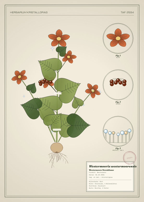 Botanische Tafel: Westermooria westermoorensis, eine erfundene Pflanze aus Westermoor, gezeichnet wie in einem alten Pflanzenatlas
