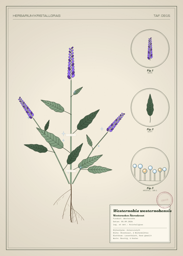 Botanische Tafel: Westernohia westernohensis, eine erfundene Pflanze aus Westernohe, gezeichnet wie in einem alten Pflanzenatlas