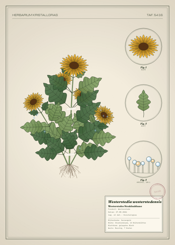 Botanische Tafel: Westerstedia westerstedensis, eine erfundene Pflanze aus Westerstede, gezeichnet wie in einem alten Pflanzenatlas