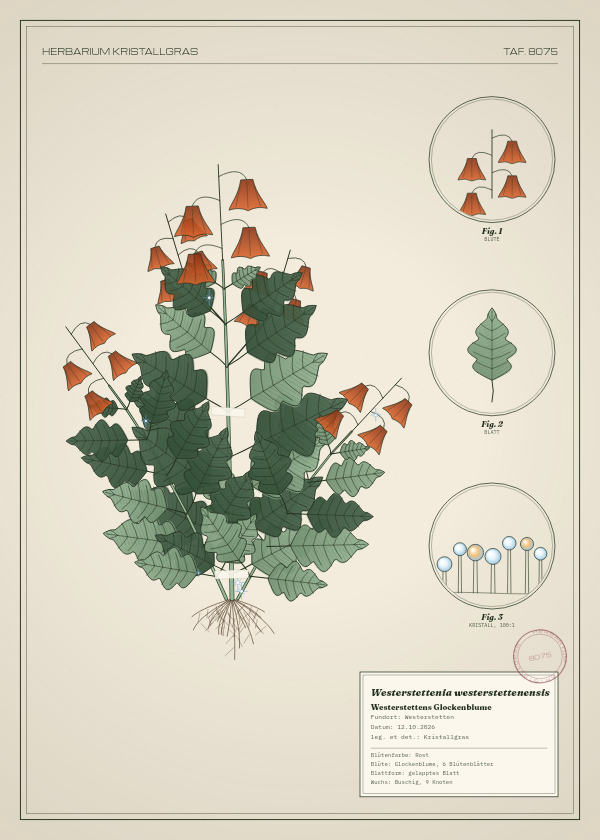 Botanische Tafel: Westerstettenia westerstettenensis, eine erfundene Pflanze aus Westerstetten, gezeichnet wie in einem alten Pflanzenatlas