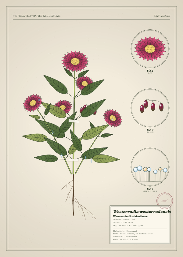 Botanische Tafel: Westerradia westerradensis, eine erfundene Pflanze aus Westerrade, gezeichnet wie in einem alten Pflanzenatlas
