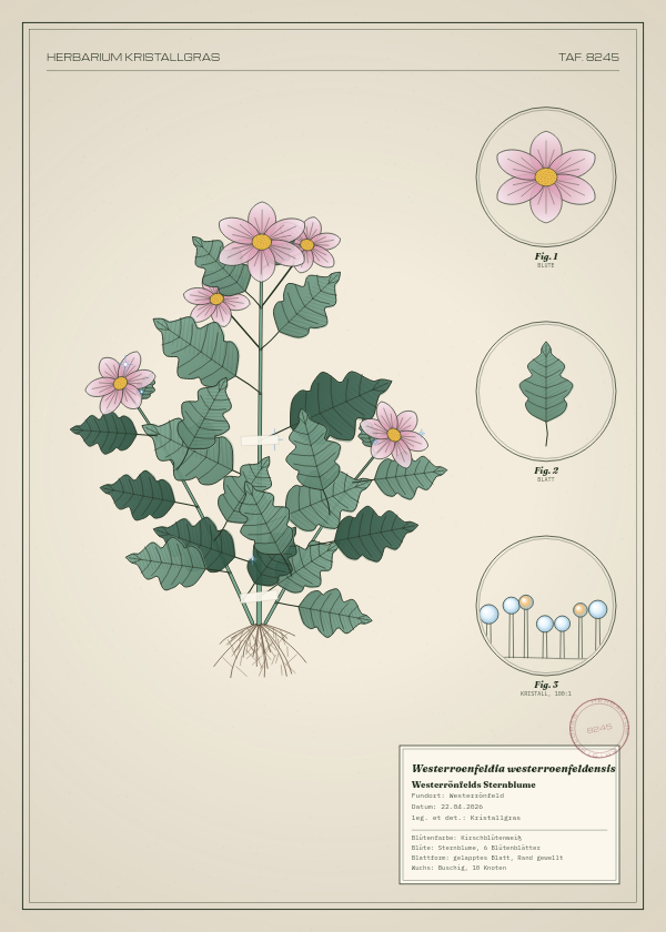 Botanische Tafel: Westerroenfeldia westerroenfeldensis, eine erfundene Pflanze aus Westerrönfeld, gezeichnet wie in einem alten Pflanzenatlas