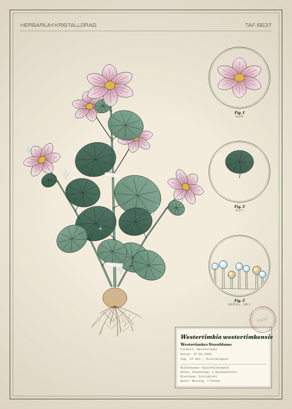 Botanische Tafel: Westertimkia westertimkensis, eine erfundene Pflanze aus Westertimke, gezeichnet wie in einem alten Pflanzenatlas